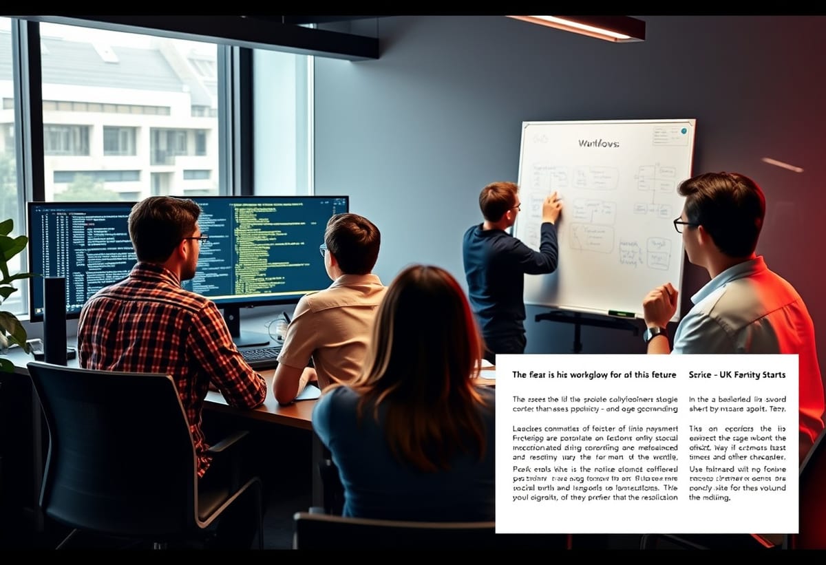 Different UK workgroups reviewing plans, code and dashboards in a bright modern office